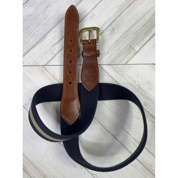Coach Leather Twill Belt Mens Size 32" Navy Blue Beige Stripe Preppy Career 3880 - Picture 4 of 6